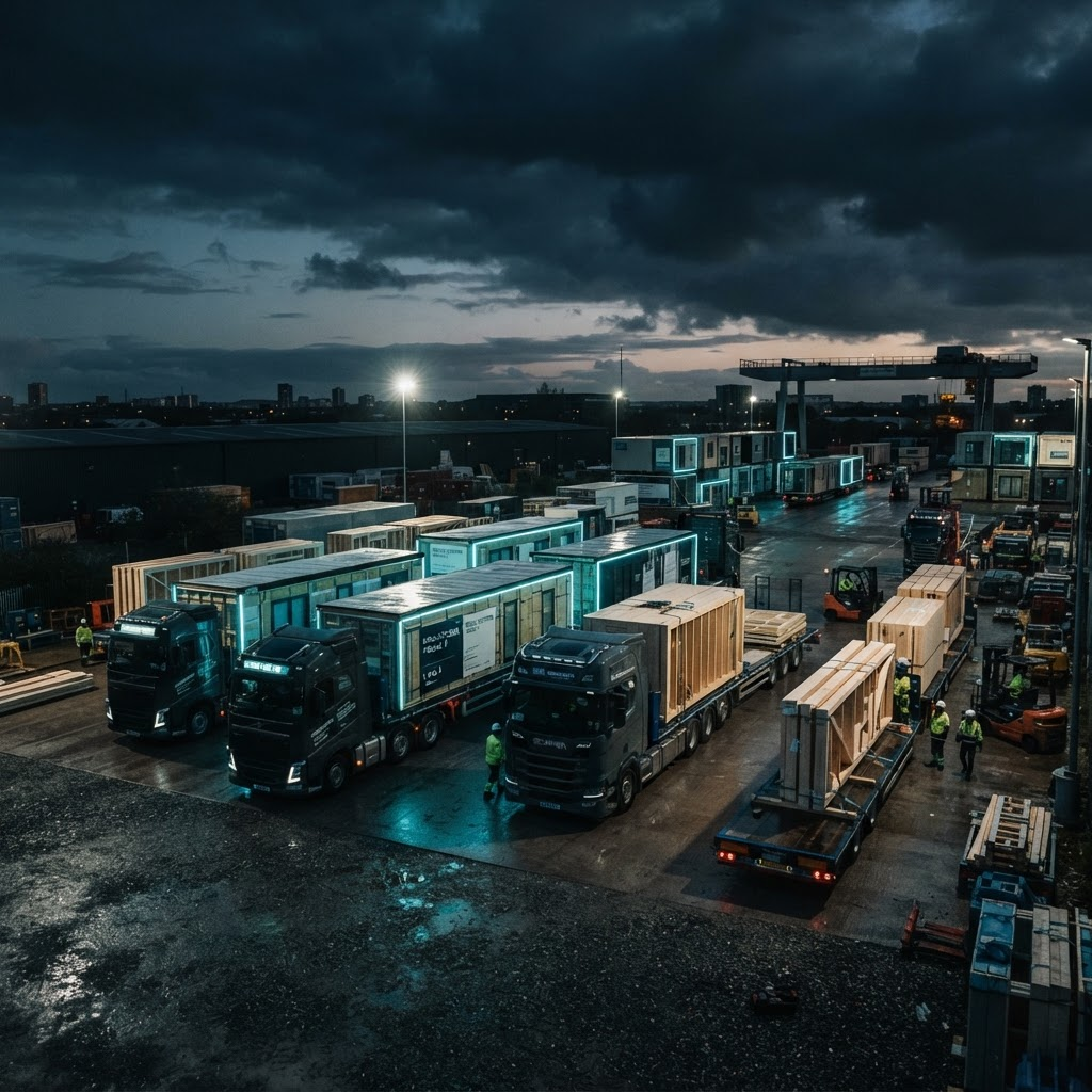 Modular building products loaded for coordinated supply and delivery